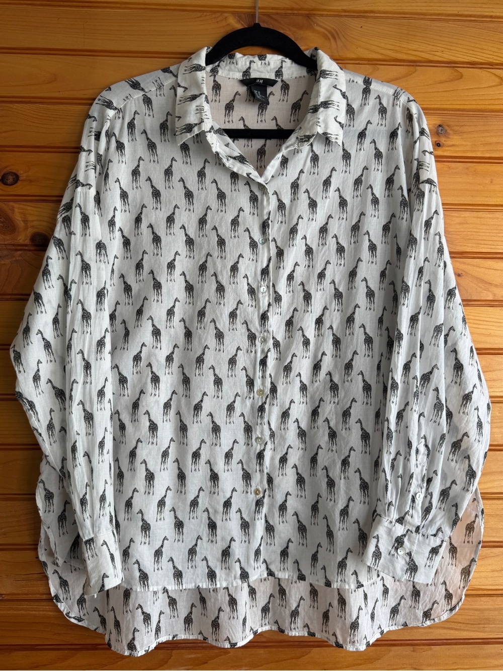H&M Giraffe Print Cotton Button Up Shirt Oversized Safari Animal Blouse 10